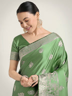 Monjolika Fashion Light Green Zari Weaving Work Banarasi Satin Silk Traditional Saree | Grocsy