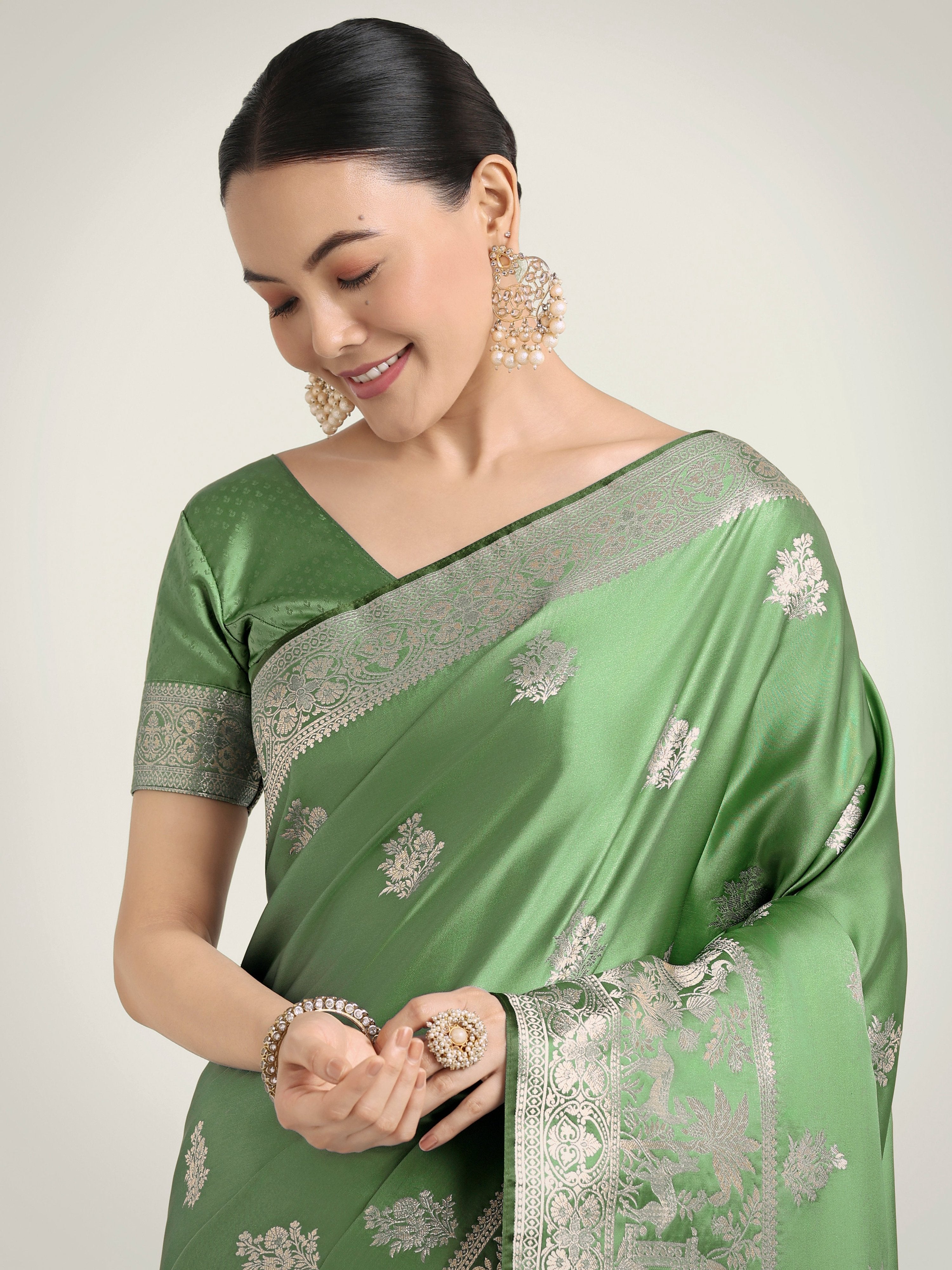 Monjolika Fashion Light Green Zari Weaving Work Banarasi Satin Silk Traditional Saree | Grocsy