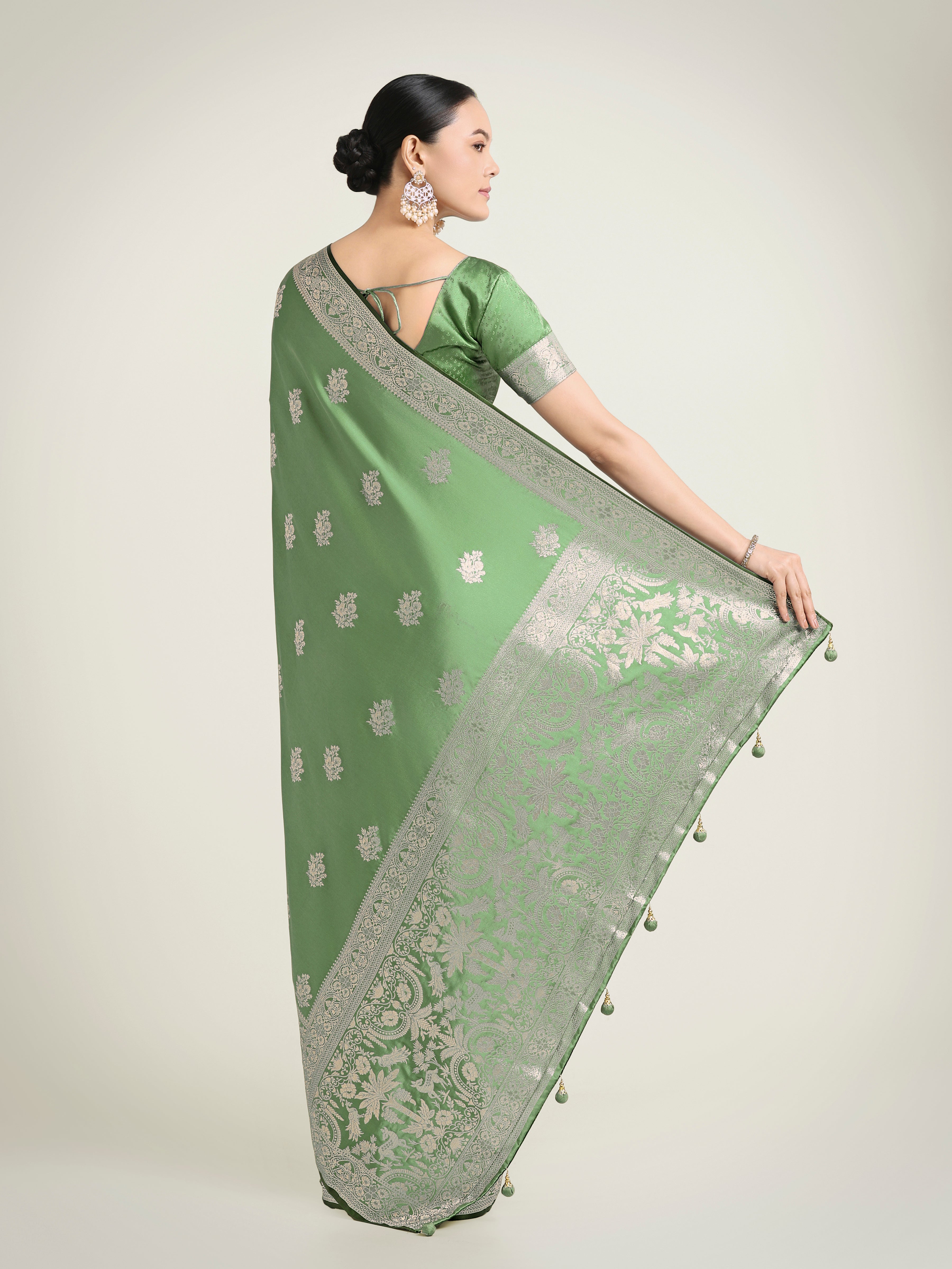 Monjolika Fashion Light Green Zari Weaving Work Banarasi Satin Silk Traditional Saree | Grocsy
