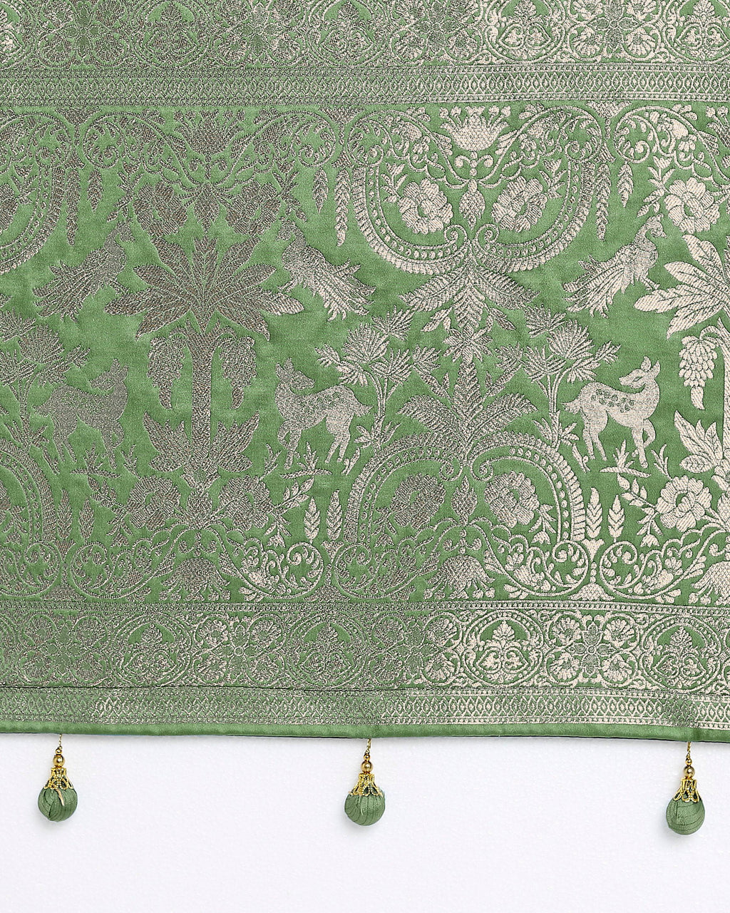 Monjolika Fashion Light Green Zari Weaving Work Banarasi Satin Silk Traditional Saree | Grocsy