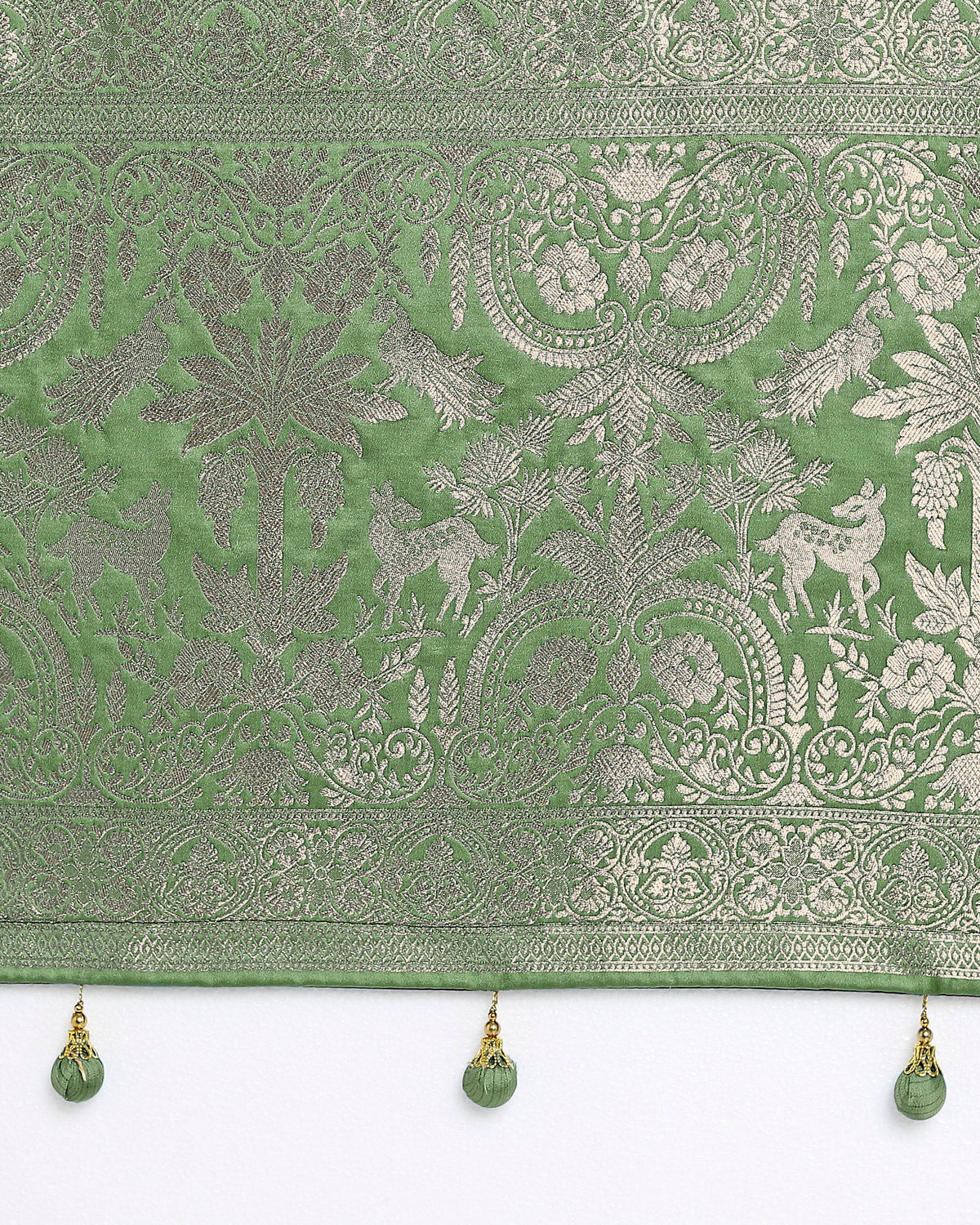 Monjolika Fashion Light Green Zari Weaving Work Banarasi Satin Silk Traditional Saree | Grocsy