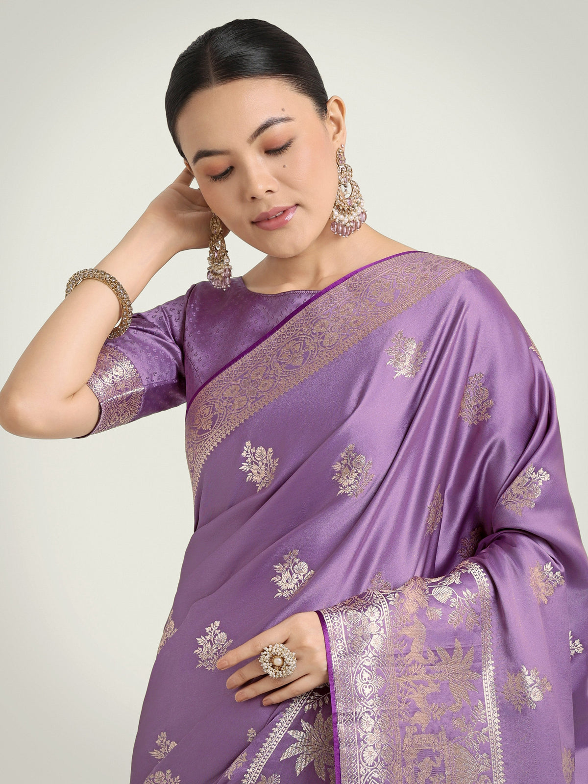 Monjolika Fashion Lavender Zari Weaving Work Banarasi Satin Silk Traditional Saree | Grocsy