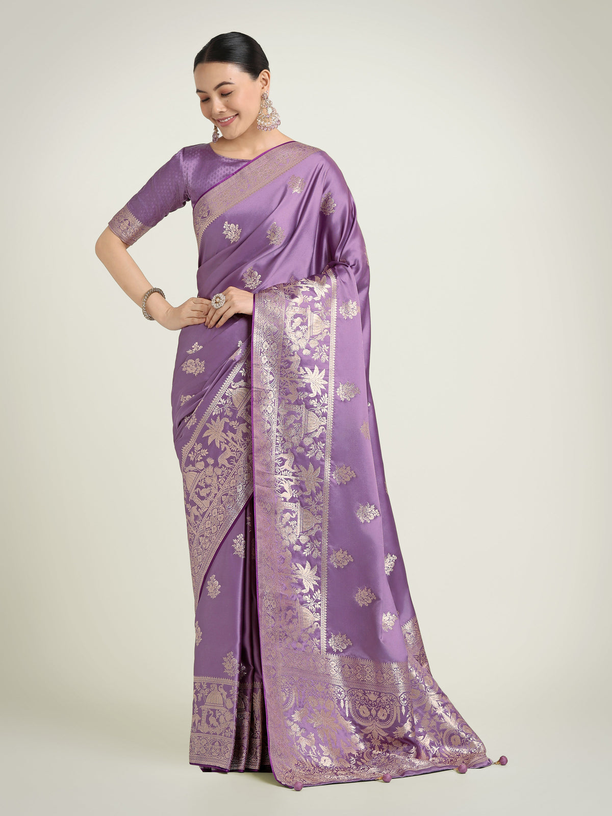 Monjolika Fashion Lavender Zari Weaving Work Banarasi Satin Silk Traditional Saree | Grocsy