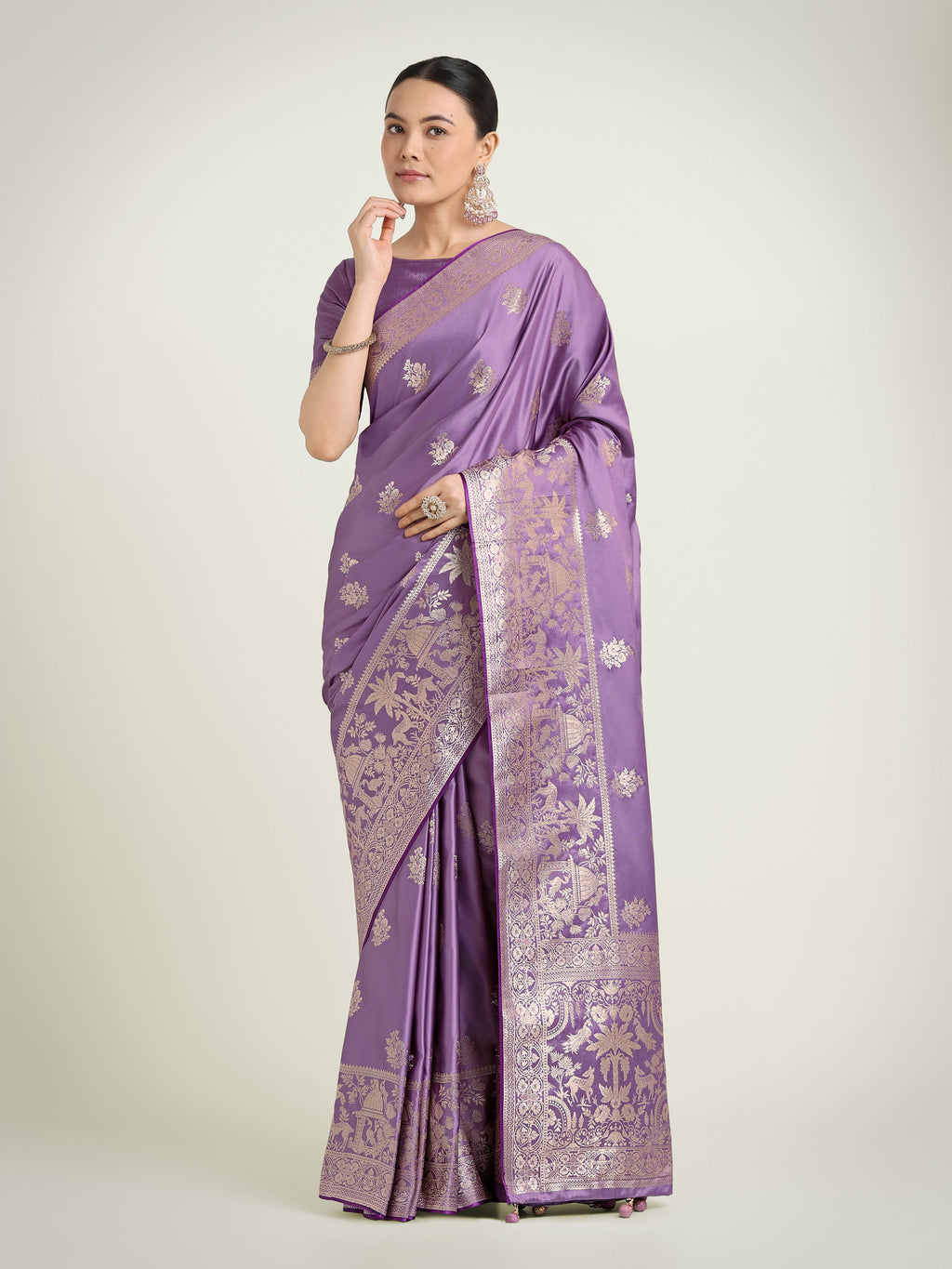 Monjolika Fashion Lavender Zari Weaving Work Banarasi Satin Silk Traditional Saree | Grocsy
