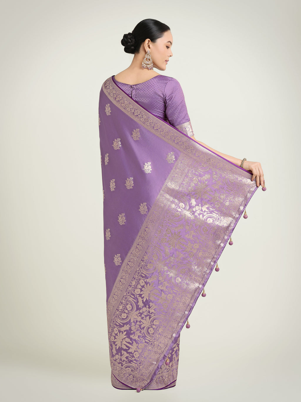 Monjolika Fashion Lavender Zari Weaving Work Banarasi Satin Silk Traditional Saree | Grocsy