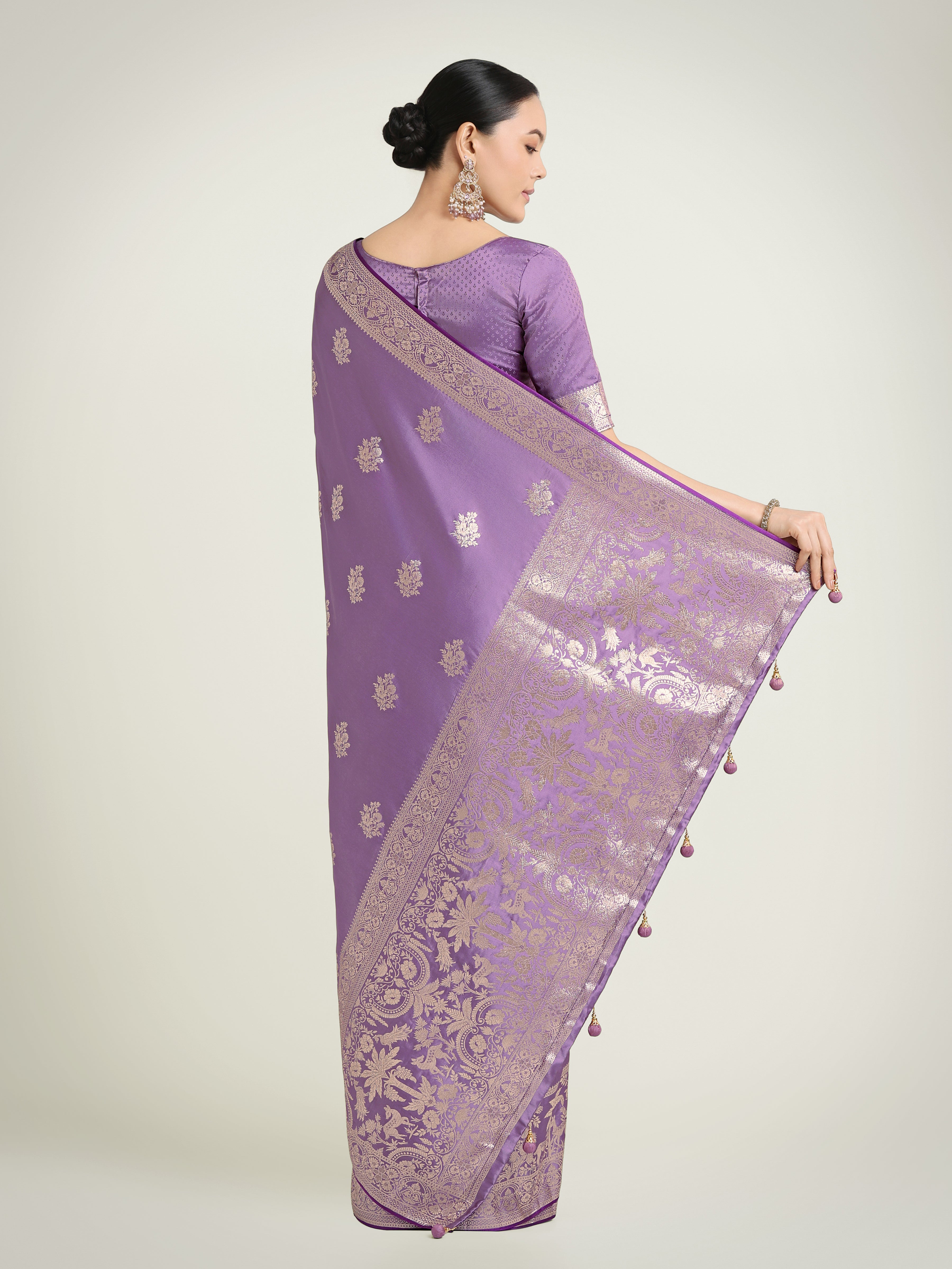 Monjolika Fashion Lavender Zari Weaving Work Banarasi Satin Silk Traditional Saree | Grocsy