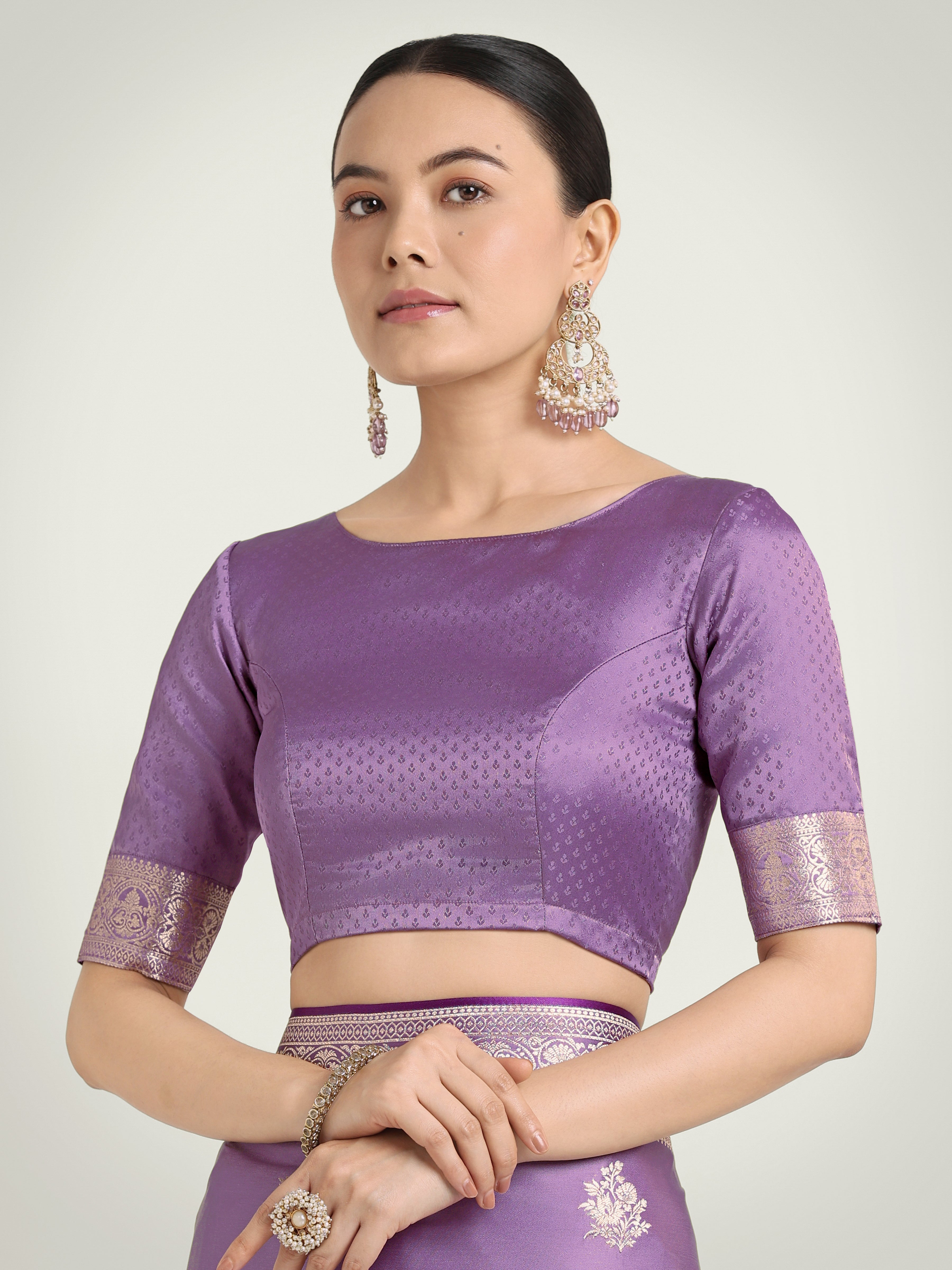 Monjolika Fashion Lavender Zari Weaving Work Banarasi Satin Silk Traditional Saree | Grocsy