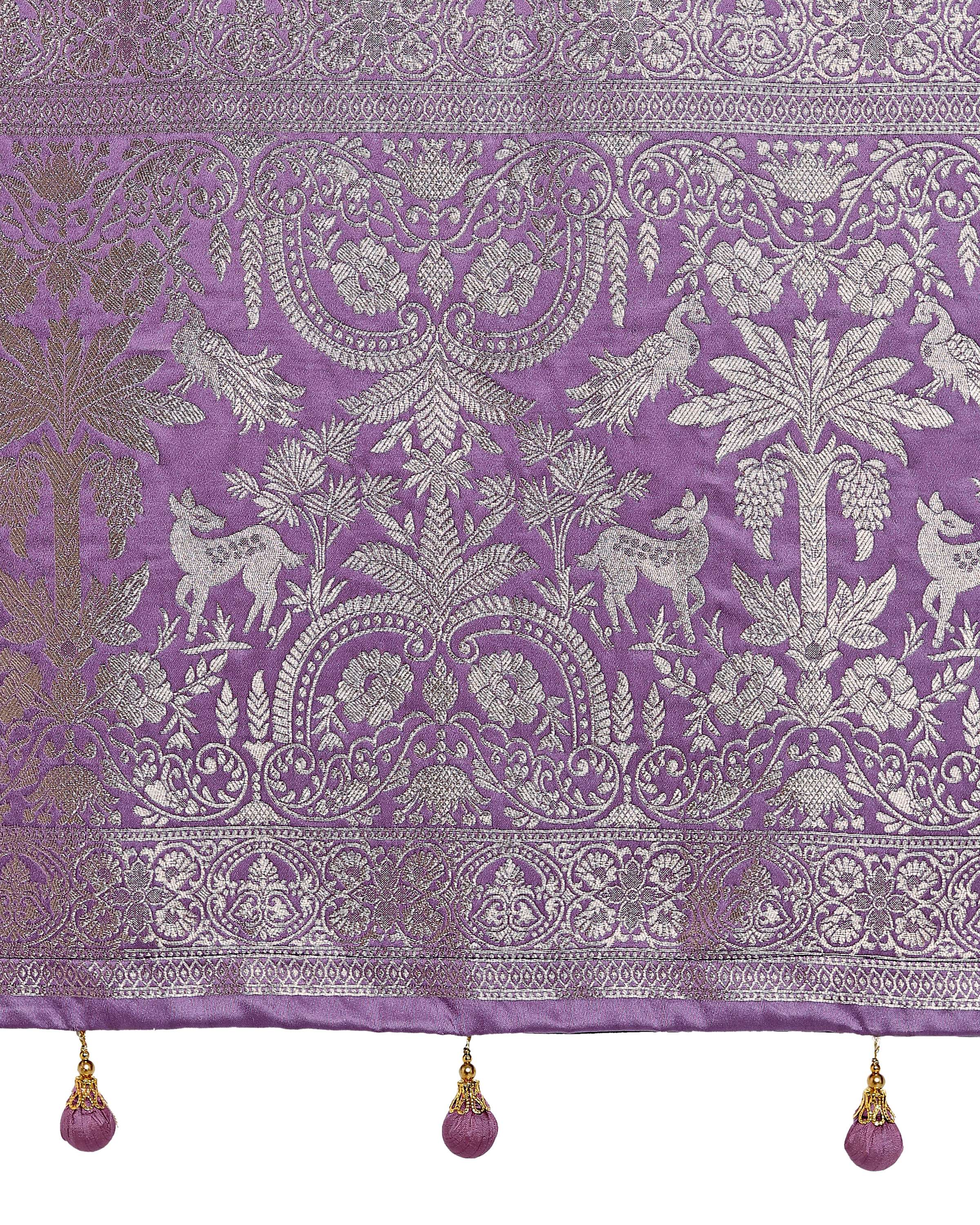 Monjolika Fashion Lavender Zari Weaving Work Banarasi Satin Silk Traditional Saree | Grocsy
