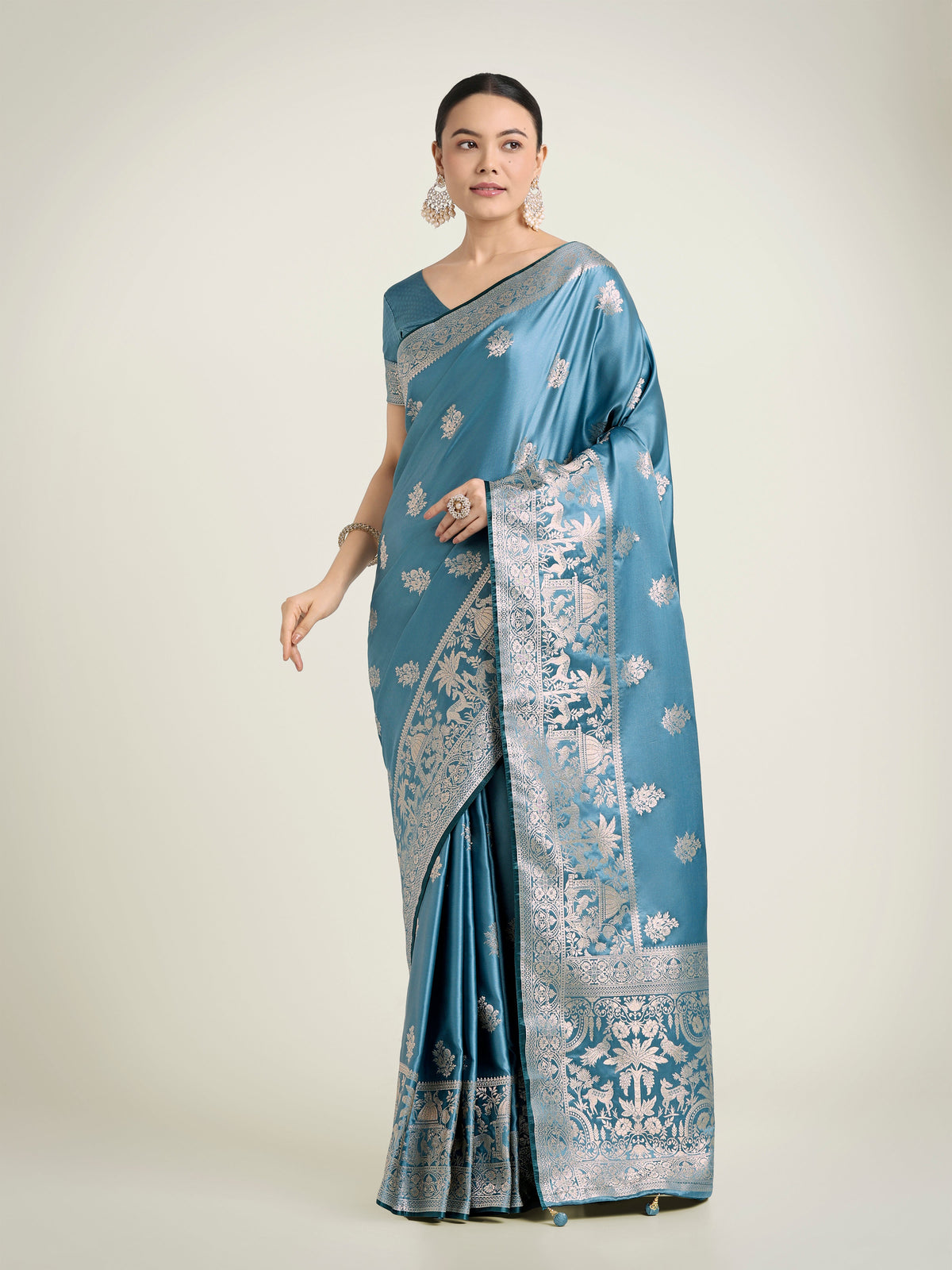 Monjolika Fashion Cyan blue Zari Weaving Work Banarasi Satin Silk Traditional Saree | Grocsy