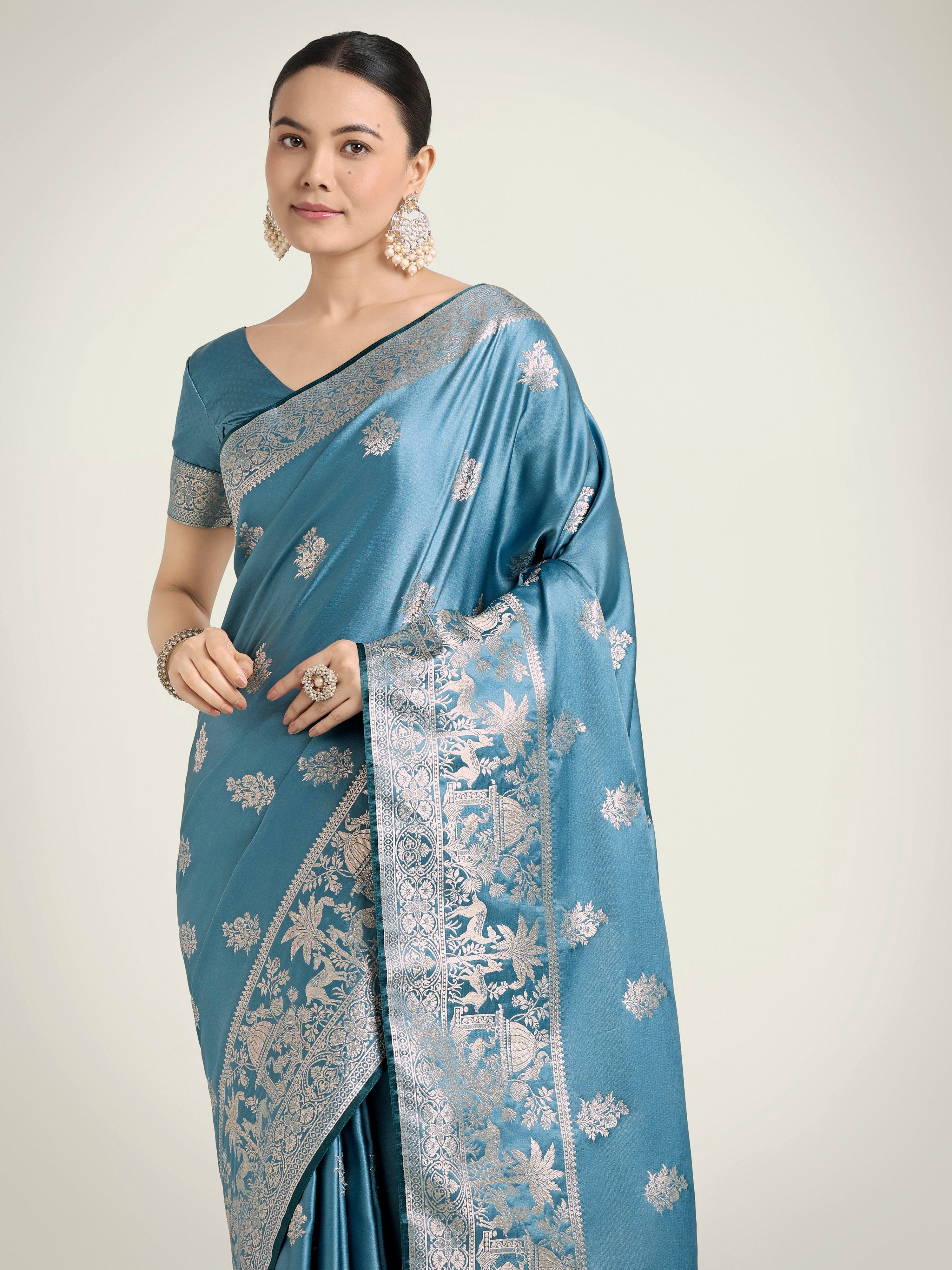 Monjolika Fashion Cyan blue Zari Weaving Work Banarasi Satin Silk Traditional Saree | Grocsy