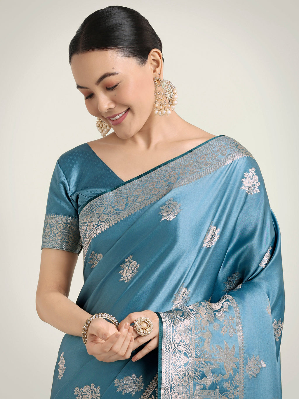 Monjolika Fashion Cyan blue Zari Weaving Work Banarasi Satin Silk Traditional Saree | Grocsy