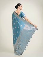 Monjolika Fashion Cyan blue Zari Weaving Work Banarasi Satin Silk Traditional Saree | Grocsy