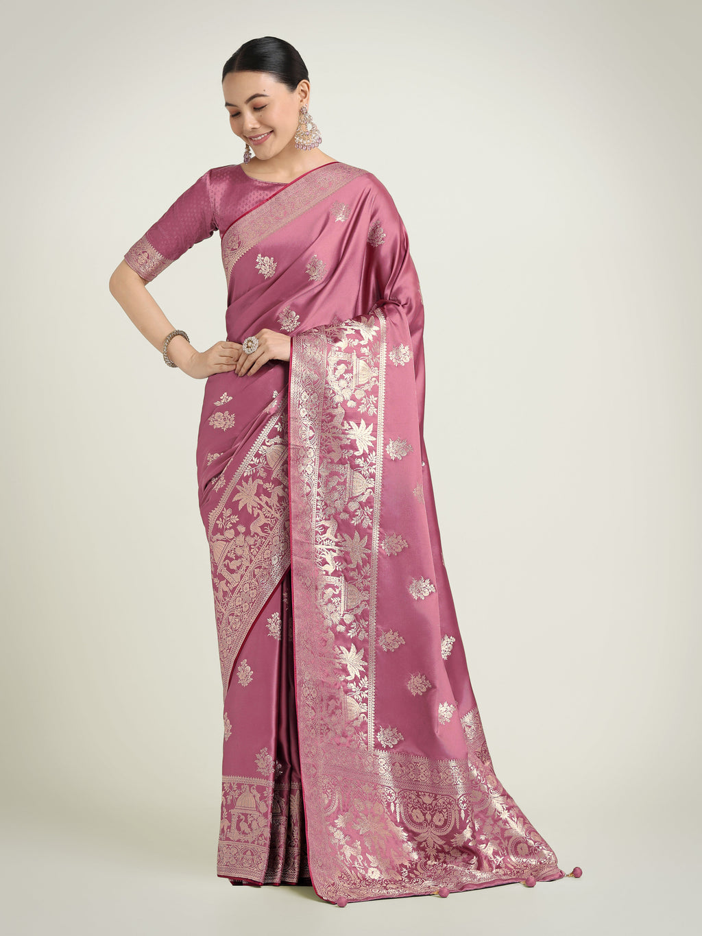 Monjolika Fashion Dusty Pink Zari Weaving Work Banarasi Satin Silk Traditional Saree | Grocsy