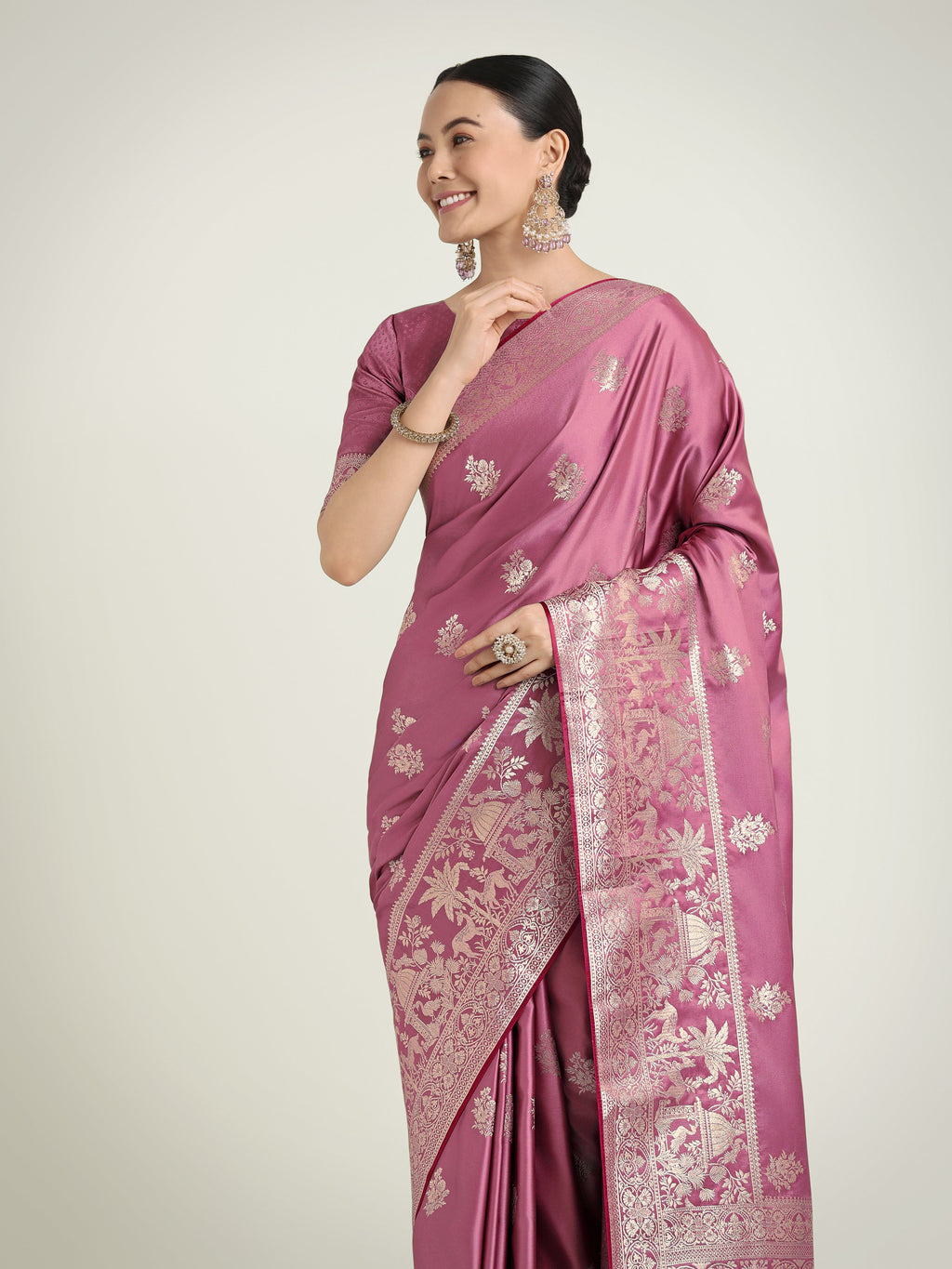 Monjolika Fashion Dusty Pink Zari Weaving Work Banarasi Satin Silk Traditional Saree | Grocsy