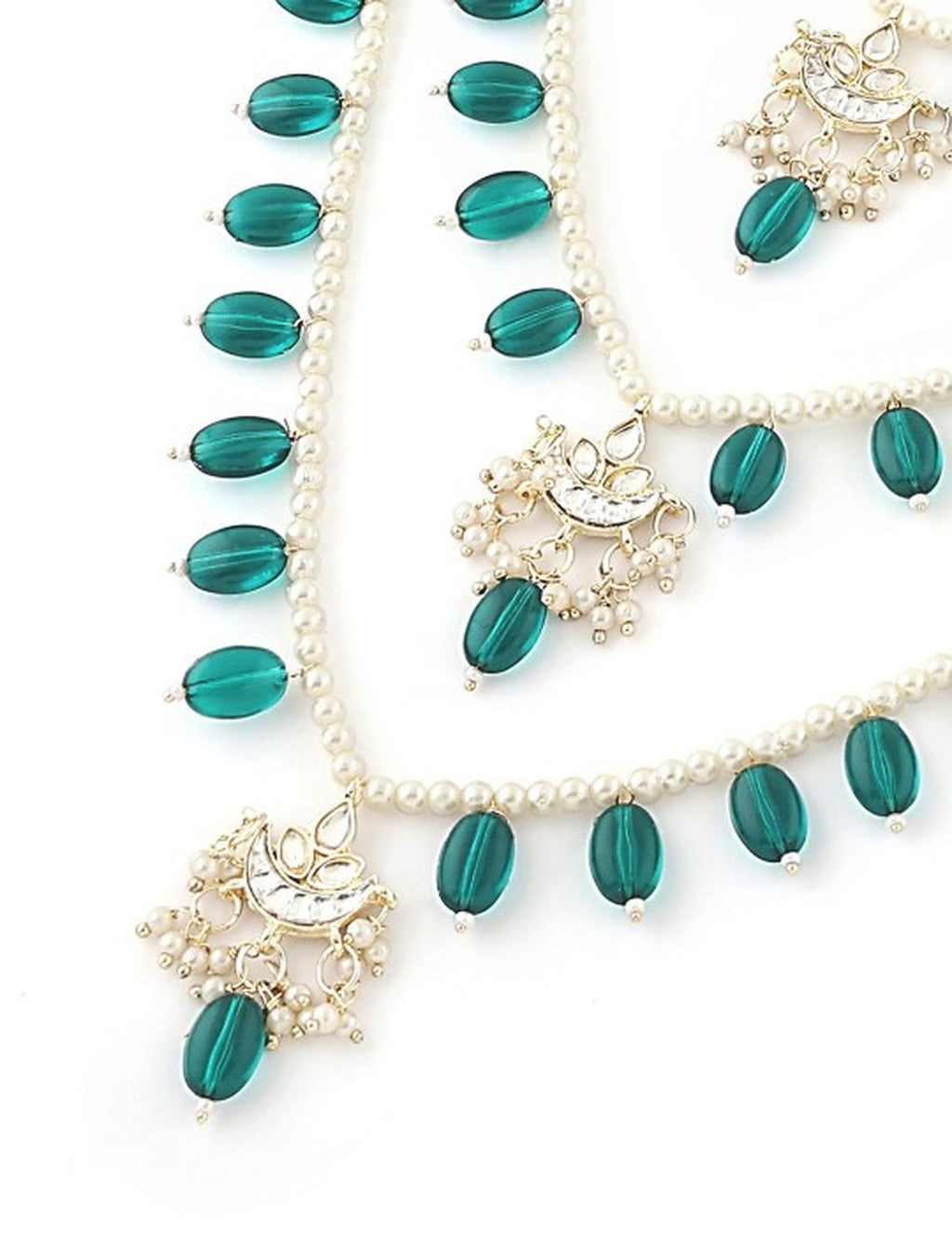 Jewel City Layered Pearl & Green Bead Necklace Set with Kundan Chandbali Pendants Traditional Indian Gold-Plated Ethnic Jewelry Set | Grocsy