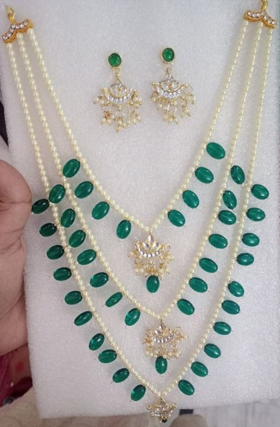 Jewel City Layered Pearl & Green Bead Necklace Set with Kundan Chandbali Pendants Traditional Indian Gold-Plated Ethnic Jewelry Set | Grocsy