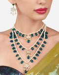 Jewel City Layered Pearl & Green Bead Necklace Set with Kundan Chandbali Pendants Traditional Indian Gold-Plated Ethnic Jewelry Set | Grocsy