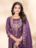 Lorenvalley Fashion Lavender Roman Silk Multi Sequence Embroidery Thread With Hand Work Anarkali Kurti Pant Dupatta | Grocsy