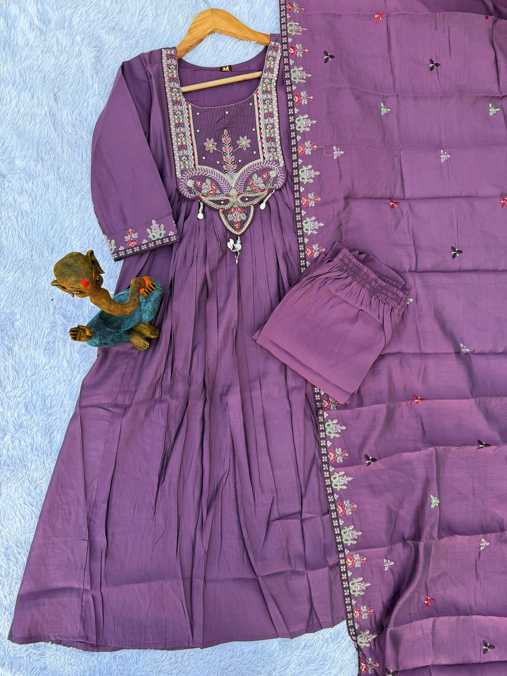 Lorenvalley Fashion Lavender Roman Silk Multi Sequence Embroidery Thread With Hand Work Anarkali Kurti Pant Dupatta | Grocsy