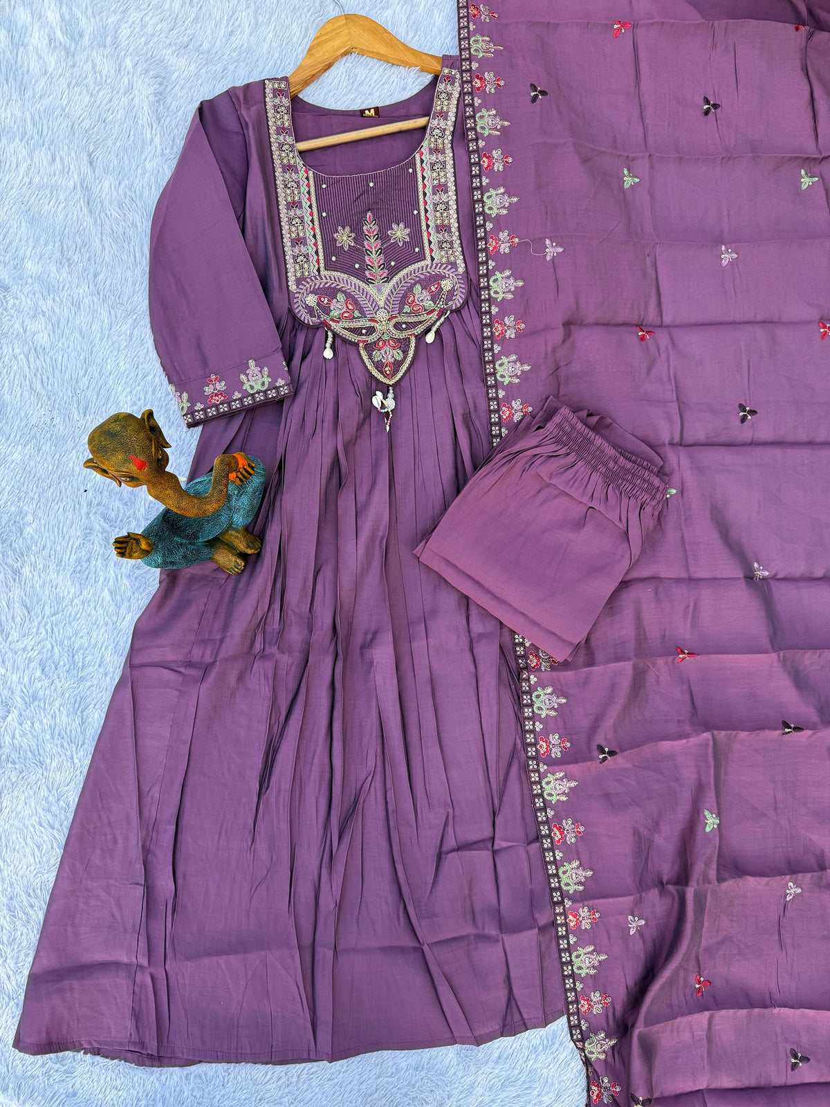 Lorenvalley Fashion Lavender Roman Silk Multi Sequence Embroidery Thread With Hand Work Anarkali Kurti Pant Dupatta | Grocsy