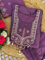 Lorenvalley Fashion Lavender Roman Silk Multi Sequence Embroidery Thread With Hand Work Anarkali Kurti Pant Dupatta | Grocsy