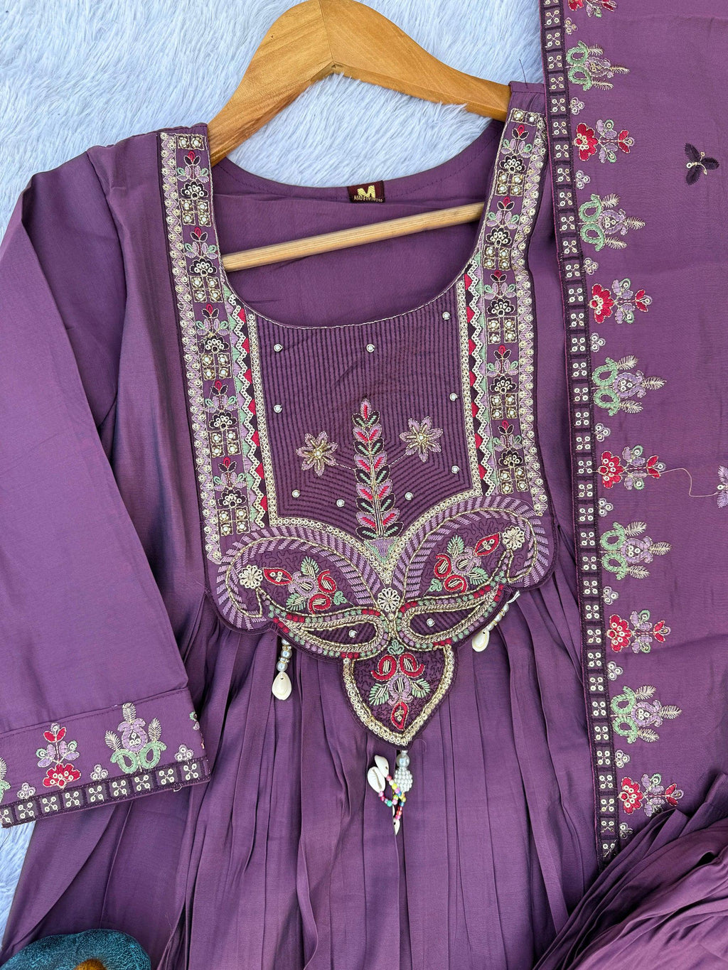 Lorenvalley Fashion Lavender Roman Silk Multi Sequence Embroidery Thread With Hand Work Anarkali Kurti Pant Dupatta | Grocsy