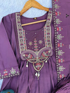 Lorenvalley Fashion Lavender Roman Silk Multi Sequence Embroidery Thread With Hand Work Anarkali Kurti Pant Dupatta | Grocsy