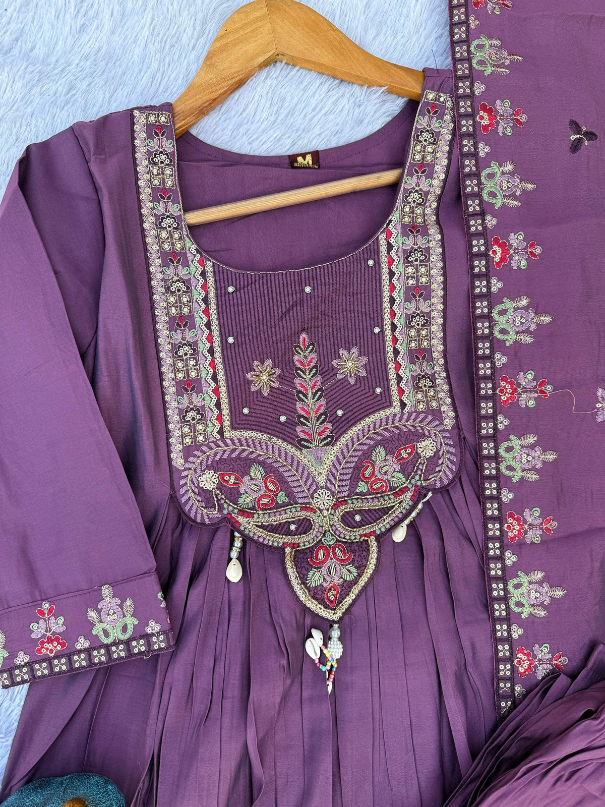 Lorenvalley Fashion Lavender Roman Silk Multi Sequence Embroidery Thread With Hand Work Anarkali Kurti Pant Dupatta | Grocsy