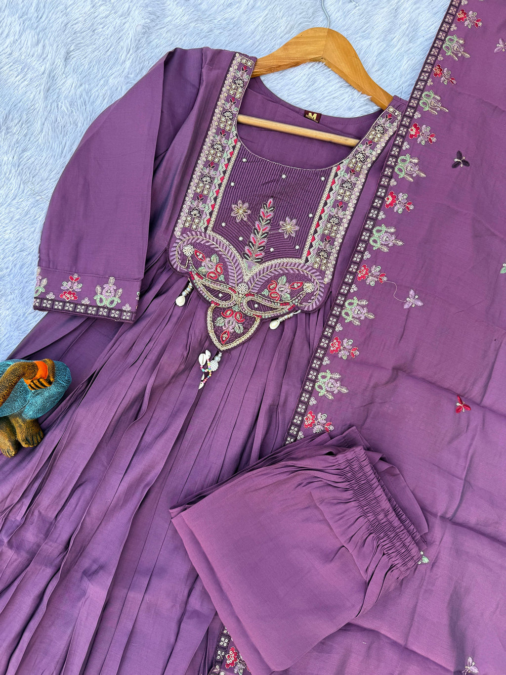 Lorenvalley Fashion Lavender Roman Silk Multi Sequence Embroidery Thread With Hand Work Anarkali Kurti Pant Dupatta | Grocsy