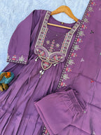 Lorenvalley Fashion Lavender Roman Silk Multi Sequence Embroidery Thread With Hand Work Anarkali Kurti Pant Dupatta | Grocsy