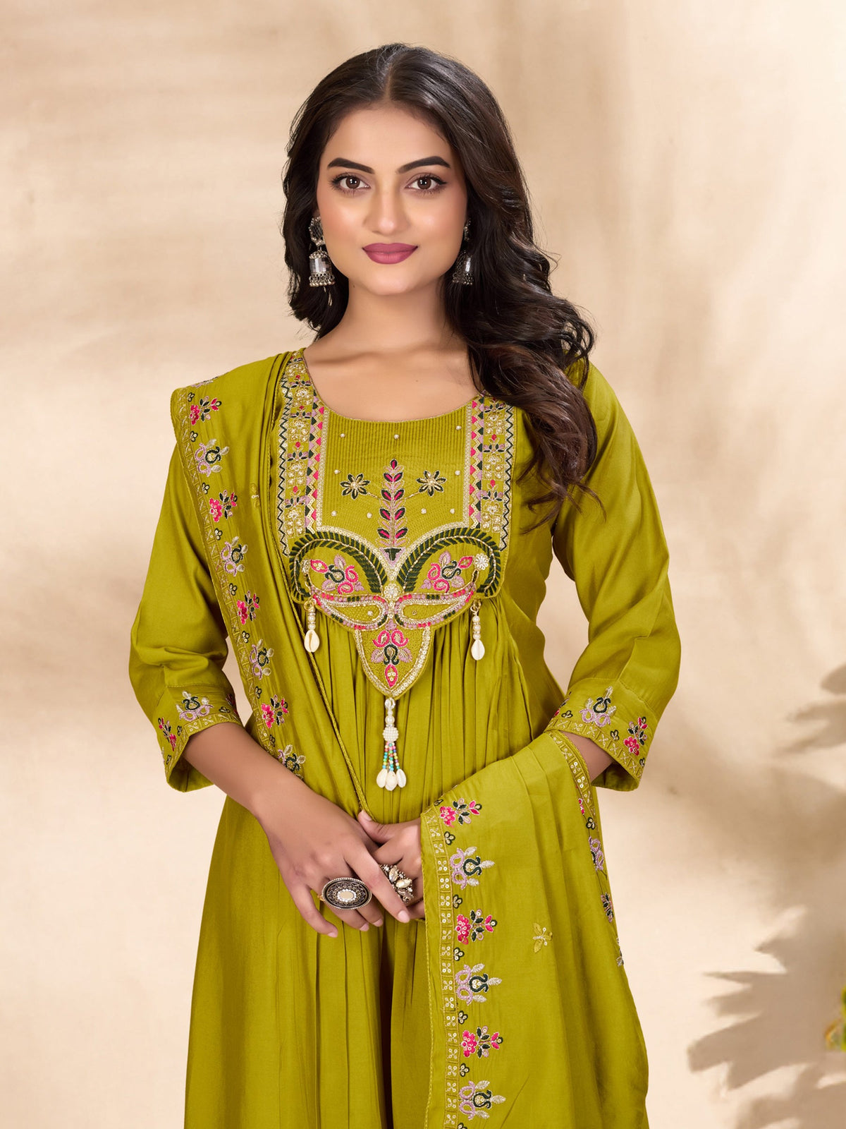 Lorenvalley Fashion Parrot Roman Silk Multi Sequence Embroidery Thread With Hand Work Anarkali Kurti Pant Dupatta | Grocsy