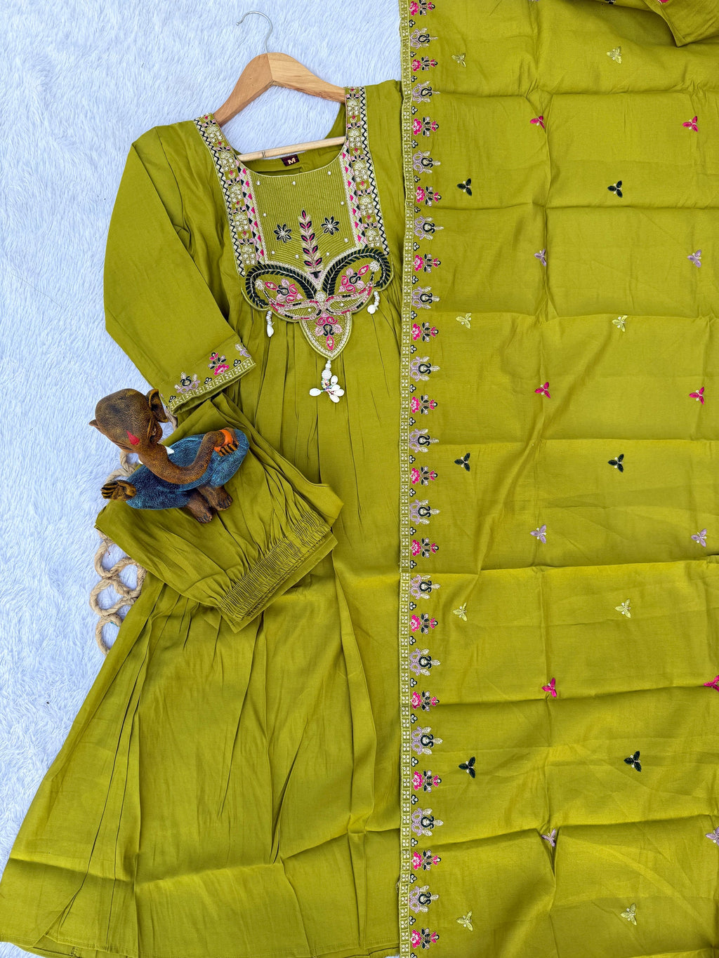 Lorenvalley Fashion Parrot Roman Silk Multi Sequence Embroidery Thread With Hand Work Anarkali Kurti Pant Dupatta | Grocsy