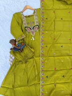 Lorenvalley Fashion Parrot Roman Silk Multi Sequence Embroidery Thread With Hand Work Anarkali Kurti Pant Dupatta | Grocsy