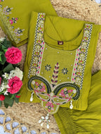 Lorenvalley Fashion Parrot Roman Silk Multi Sequence Embroidery Thread With Hand Work Anarkali Kurti Pant Dupatta | Grocsy