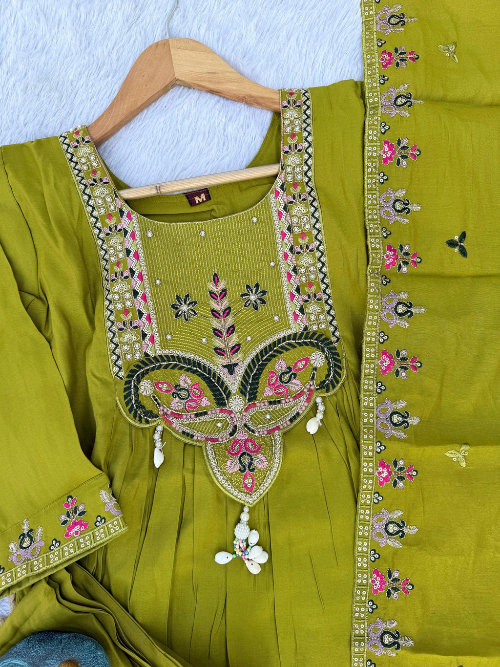 Lorenvalley Fashion Parrot Roman Silk Multi Sequence Embroidery Thread With Hand Work Anarkali Kurti Pant Dupatta | Grocsy
