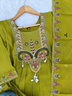 Lorenvalley Fashion Parrot Roman Silk Multi Sequence Embroidery Thread With Hand Work Anarkali Kurti Pant Dupatta | Grocsy