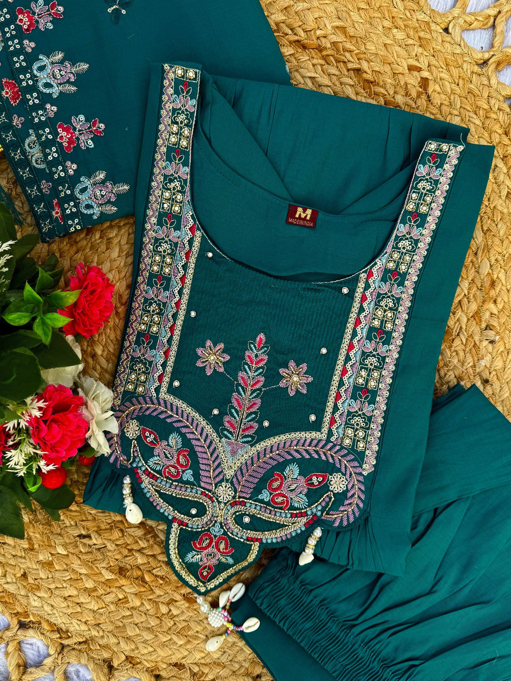 Lorenvalley Fashion Rama Roman Silk Multi Sequence Embroidery Thread With Hand Work Anarkali Kurti Pant Dupatta | Grocsy