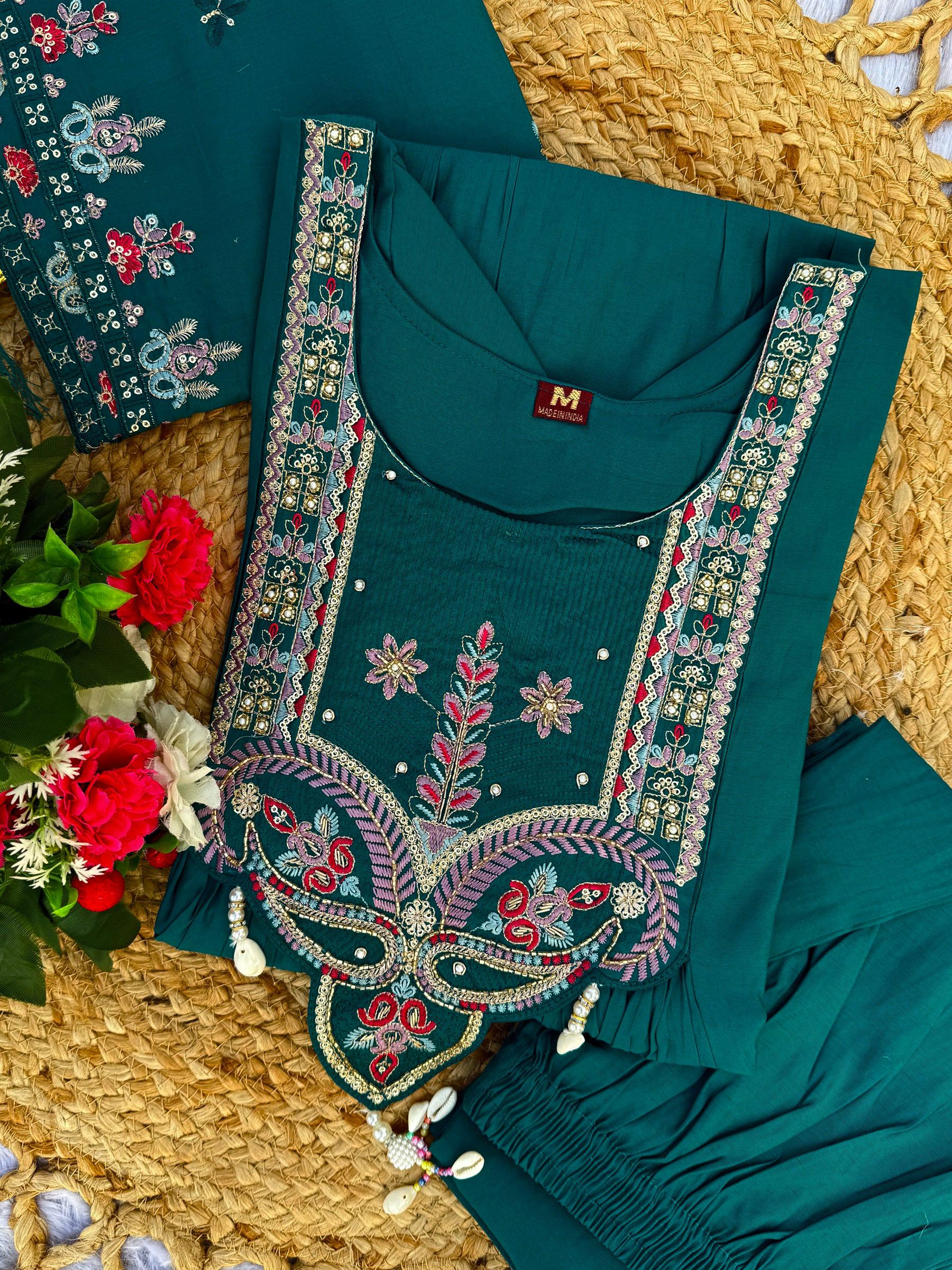 Lorenvalley Fashion Rama Roman Silk Multi Sequence Embroidery Thread With Hand Work Anarkali Kurti Pant Dupatta | Grocsy