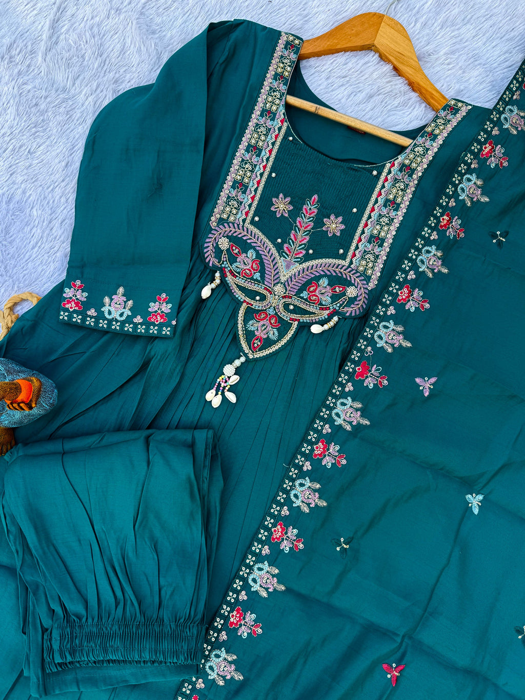 Lorenvalley Fashion Rama Roman Silk Multi Sequence Embroidery Thread With Hand Work Anarkali Kurti Pant Dupatta | Grocsy