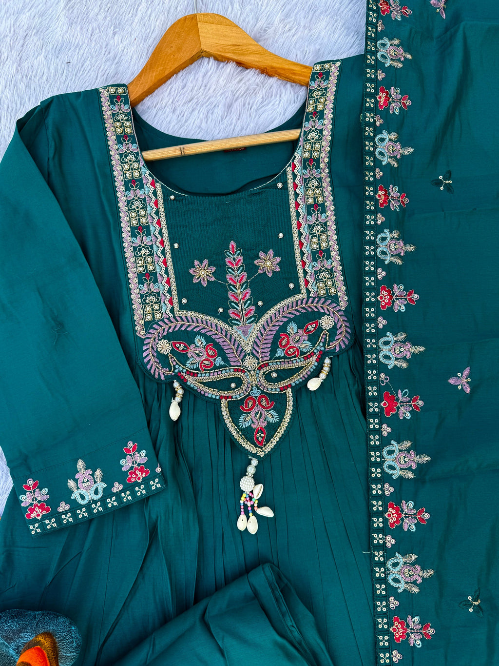 Lorenvalley Fashion Rama Roman Silk Multi Sequence Embroidery Thread With Hand Work Anarkali Kurti Pant Dupatta | Grocsy
