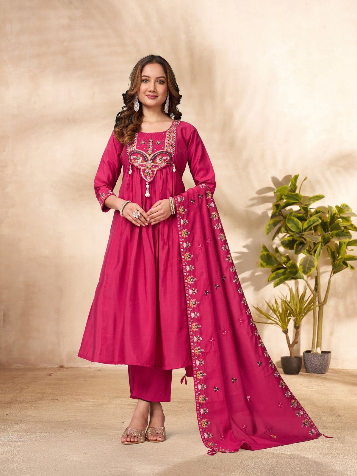Lorenvalley Fashion Ranipink Roman Silk Multi Sequence Embroidery Thread With Hand Work Anarkali Kurti Pant Dupatta | Grocsy