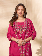 Lorenvalley Fashion Ranipink Roman Silk Multi Sequence Embroidery Thread With Hand Work Anarkali Kurti Pant Dupatta | Grocsy