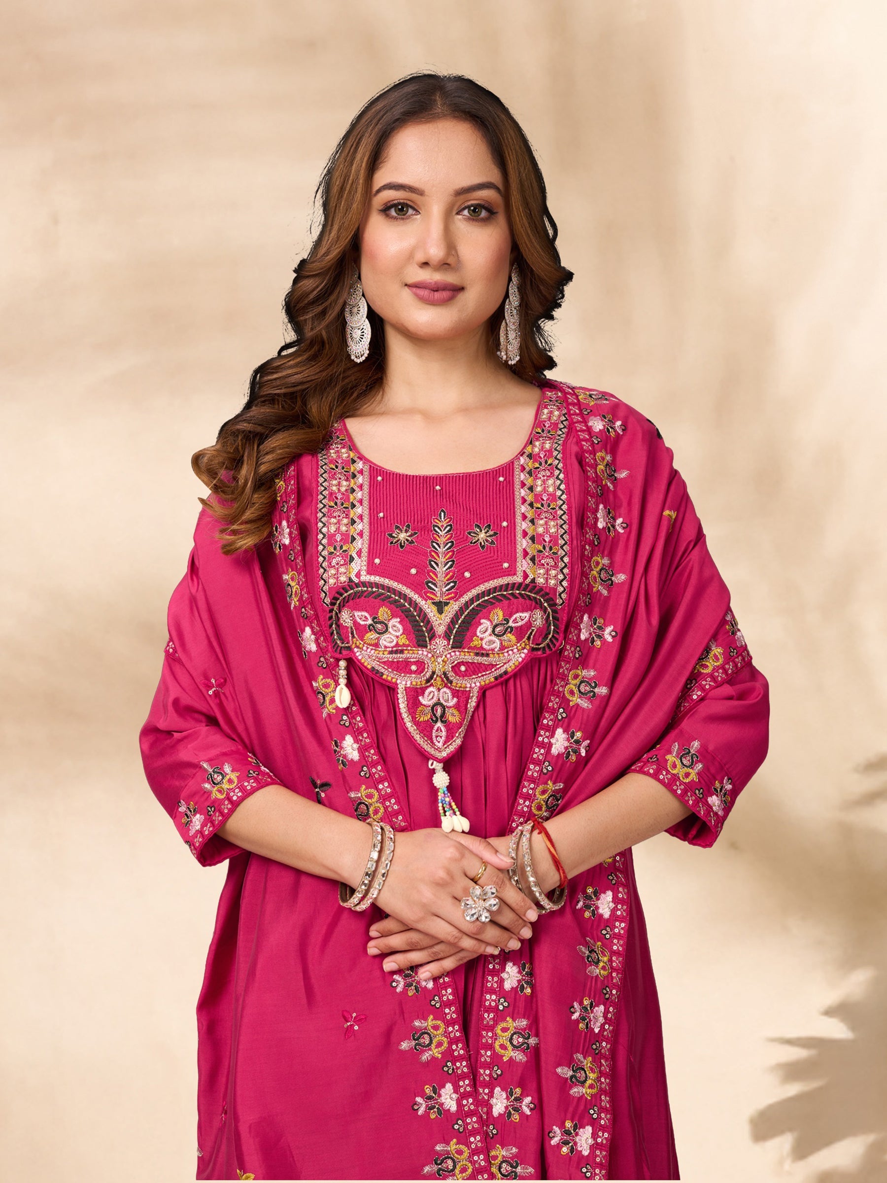 Lorenvalley Fashion Ranipink Roman Silk Multi Sequence Embroidery Thread With Hand Work Anarkali Kurti Pant Dupatta | Grocsy