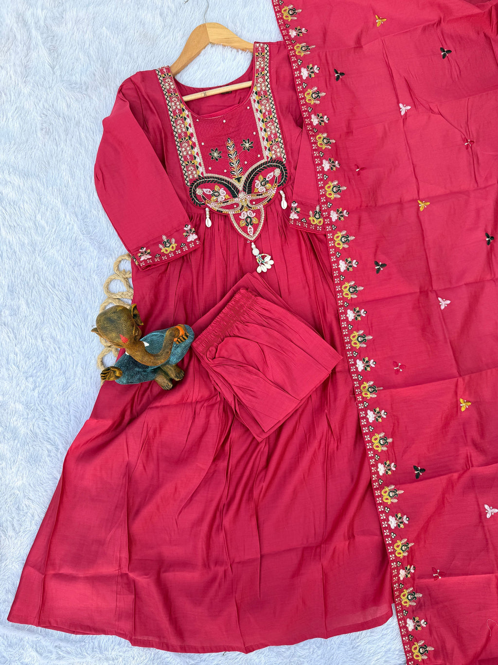 Lorenvalley Fashion Ranipink Roman Silk Multi Sequence Embroidery Thread With Hand Work Anarkali Kurti Pant Dupatta | Grocsy
