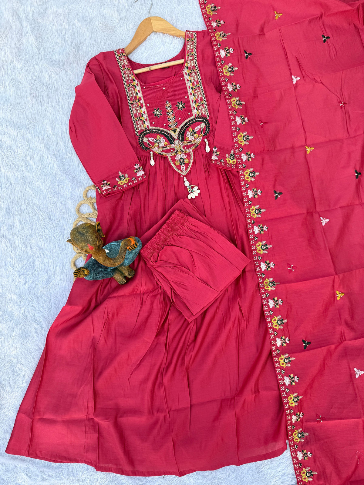 Lorenvalley Fashion Ranipink Roman Silk Multi Sequence Embroidery Thread With Hand Work Anarkali Kurti Pant Dupatta | Grocsy