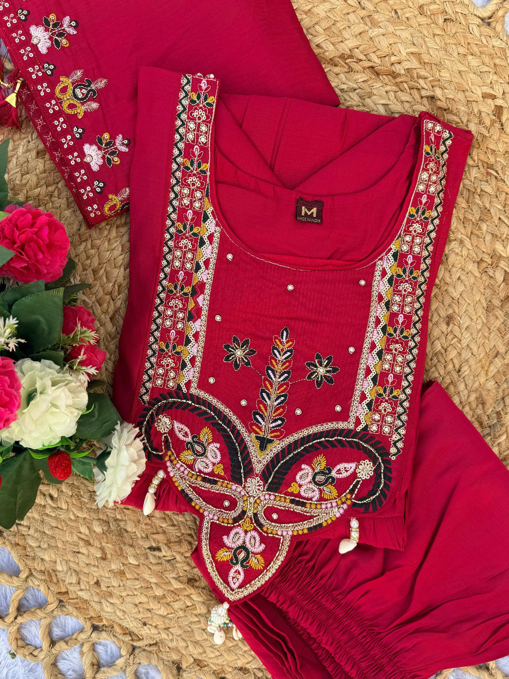 Lorenvalley Fashion Ranipink Roman Silk Multi Sequence Embroidery Thread With Hand Work Anarkali Kurti Pant Dupatta | Grocsy