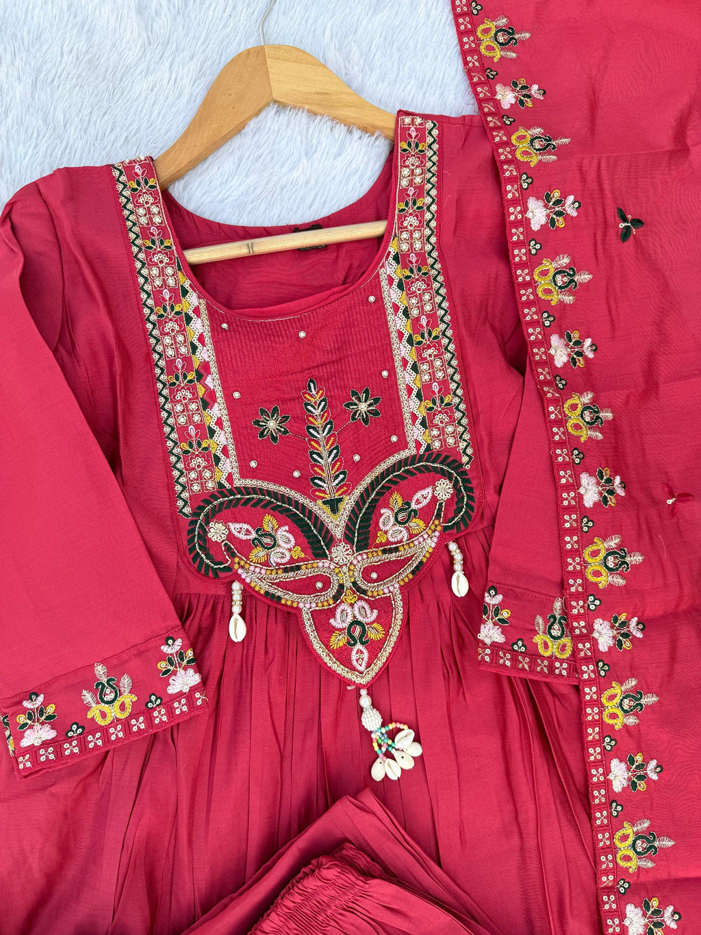 Lorenvalley Fashion Ranipink Roman Silk Multi Sequence Embroidery Thread With Hand Work Anarkali Kurti Pant Dupatta | Grocsy