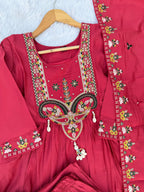 Lorenvalley Fashion Ranipink Roman Silk Multi Sequence Embroidery Thread With Hand Work Anarkali Kurti Pant Dupatta | Grocsy