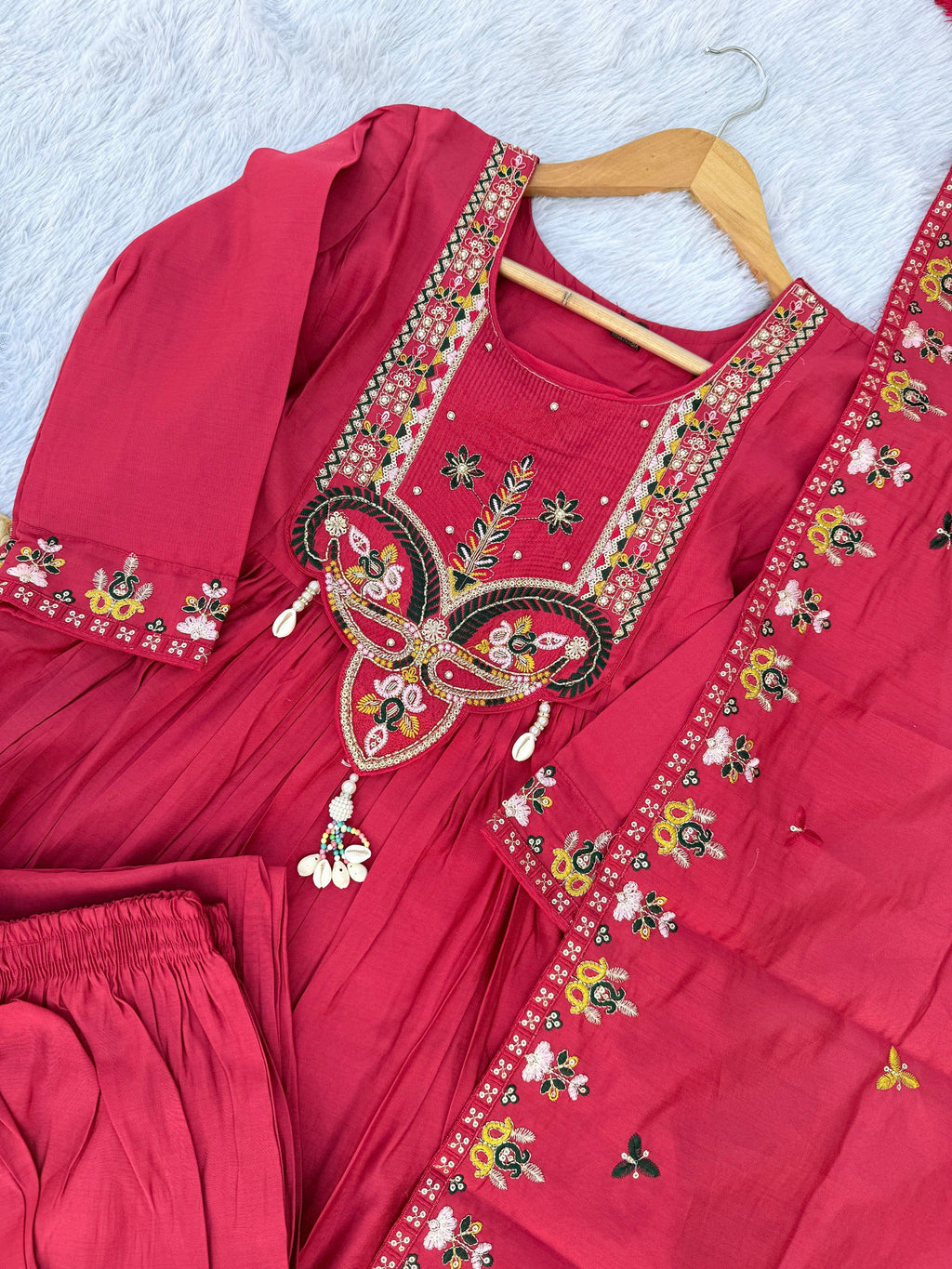 Lorenvalley Fashion Ranipink Roman Silk Multi Sequence Embroidery Thread With Hand Work Anarkali Kurti Pant Dupatta | Grocsy