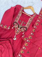 Lorenvalley Fashion Ranipink Roman Silk Multi Sequence Embroidery Thread With Hand Work Anarkali Kurti Pant Dupatta | Grocsy